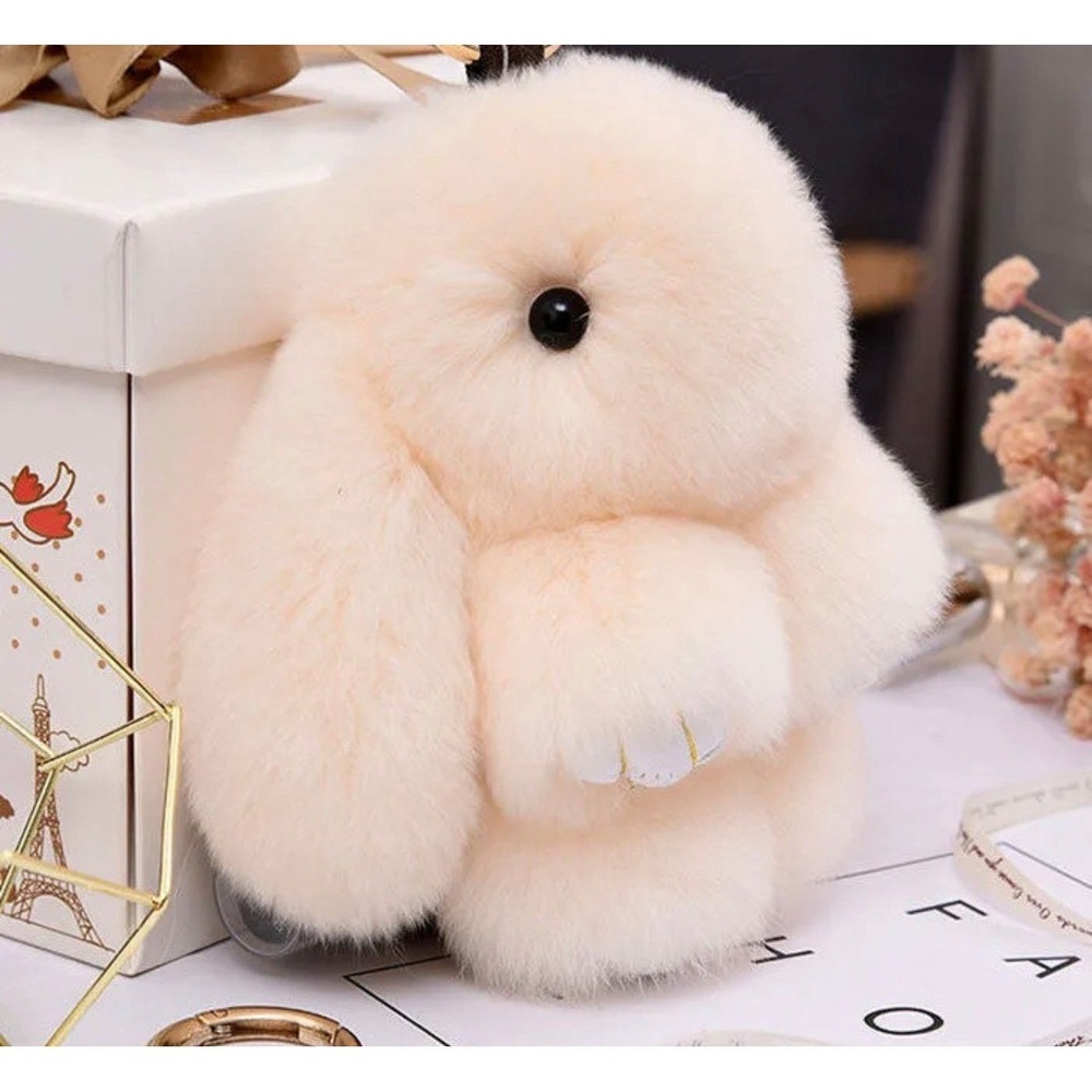 Fluffy Bunny Fur‎ Keychain Cream Soft Plush Pom Pom Bag Charm